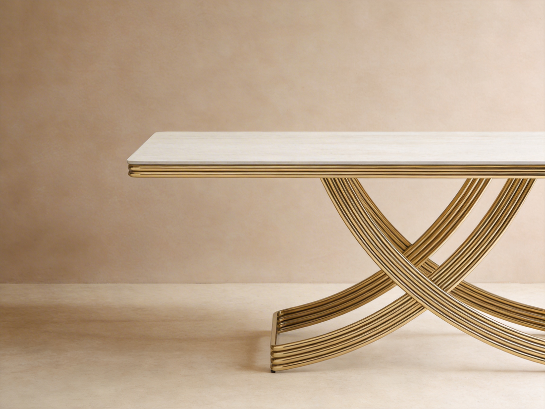 The Timeless Allure of Travertine-Effect Sintered Stone Dining Tables with Gold Stainless Steel Bases