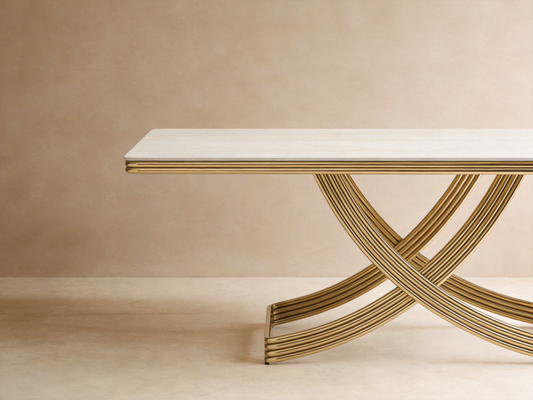 The Timeless Allure of Travertine-Effect Sintered Stone Dining Tables with Gold Stainless Steel Bases