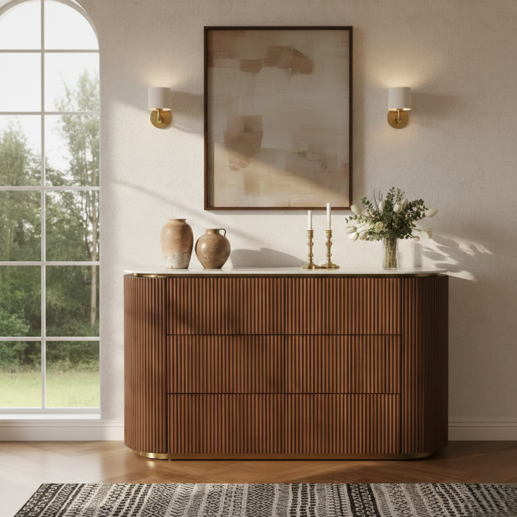 LUNE modern fluted walnut wood buffet with white sintered stone top and gold base trim in a dining room