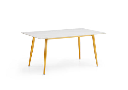 Table de salle à manger minimaliste avec piètement en acier inoxydable doré mat et plateau en pierre frittée