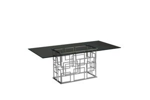 Table de salle à manger moderne et luxueuse argentée avec plateau en verre trempé