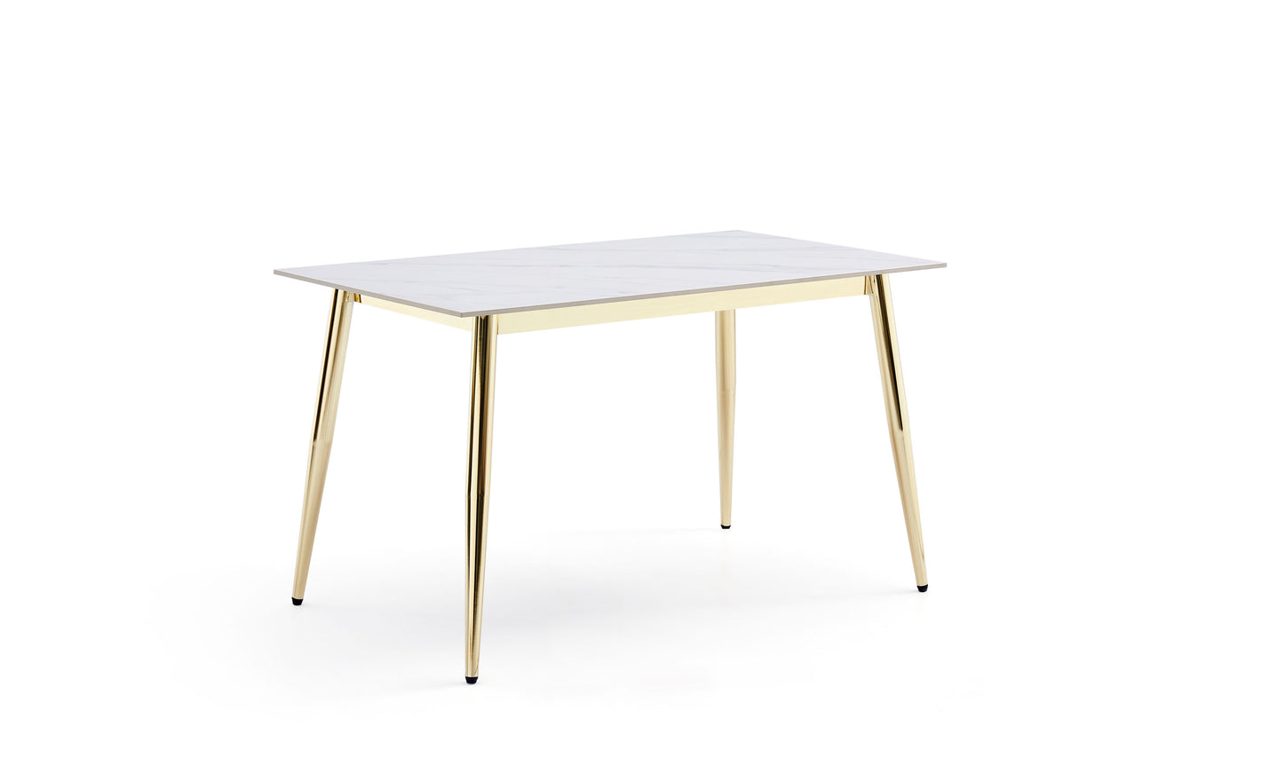 Table de salle à manger minimaliste avec piètement en acier inoxydable doré brillant et plateau en pierre frittée
