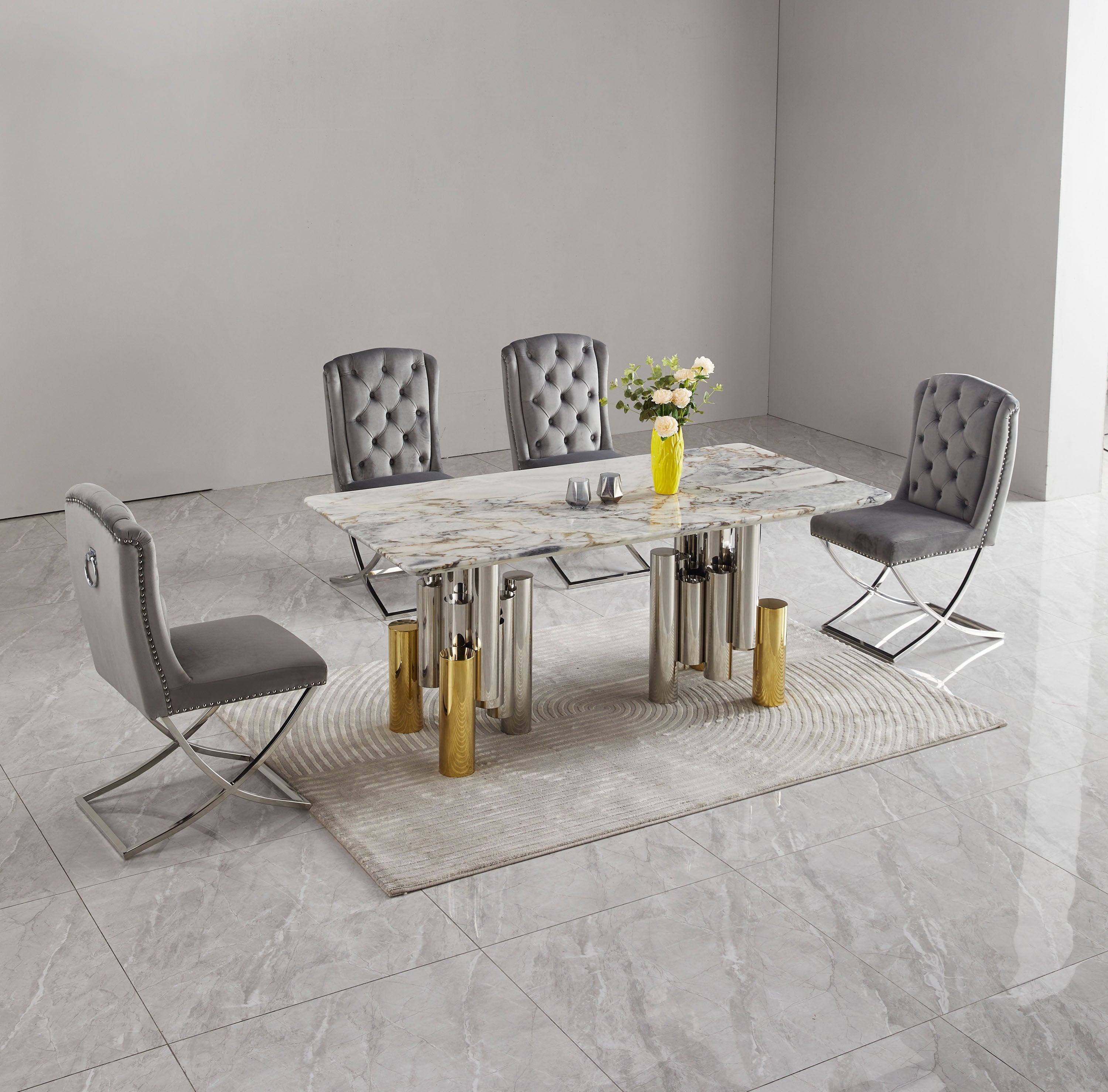 Luxury Marble Gold Silver Base Dining Table
