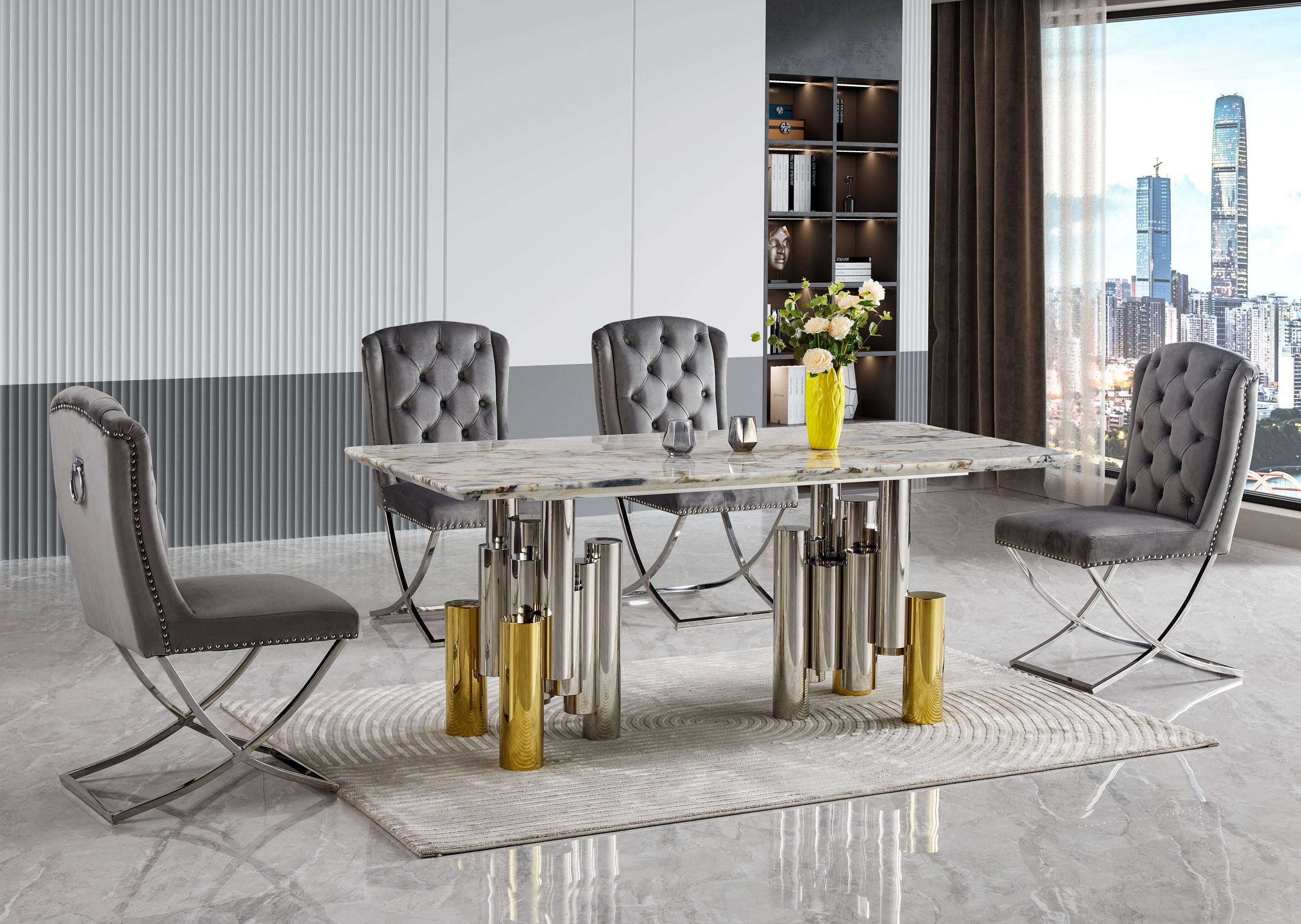 Luxury Marble Gold Silver Base Dining Table