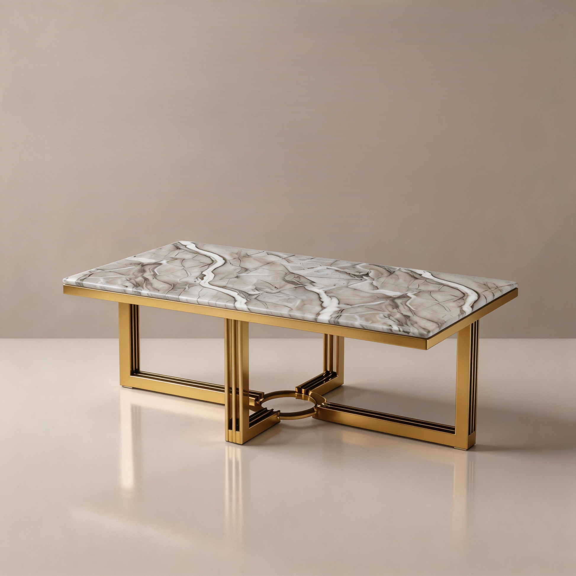 Coffee table with marble top and gold frame on a beige background