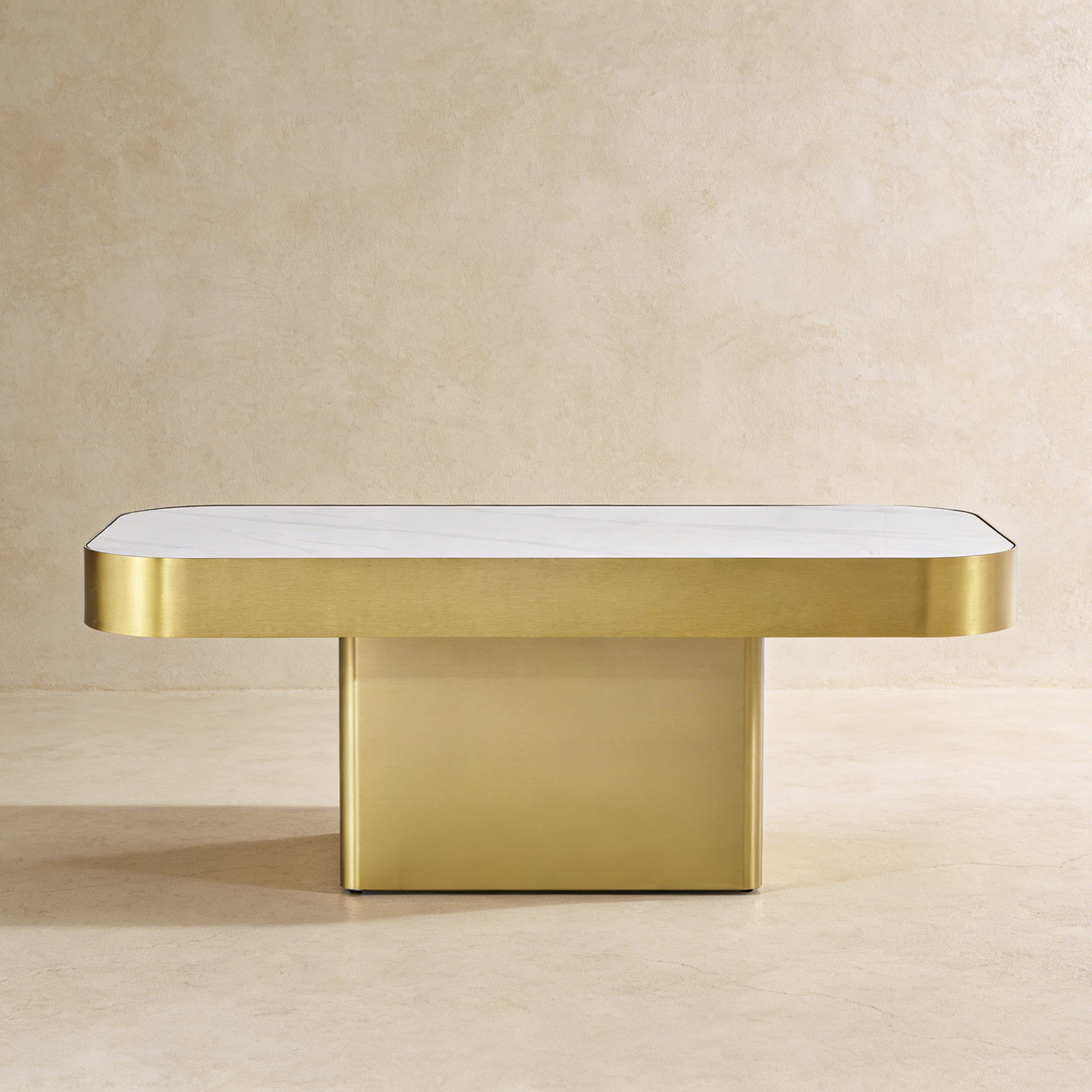 Modern White Sintered Stone Coffee Table with Gold Stainless Steel Base