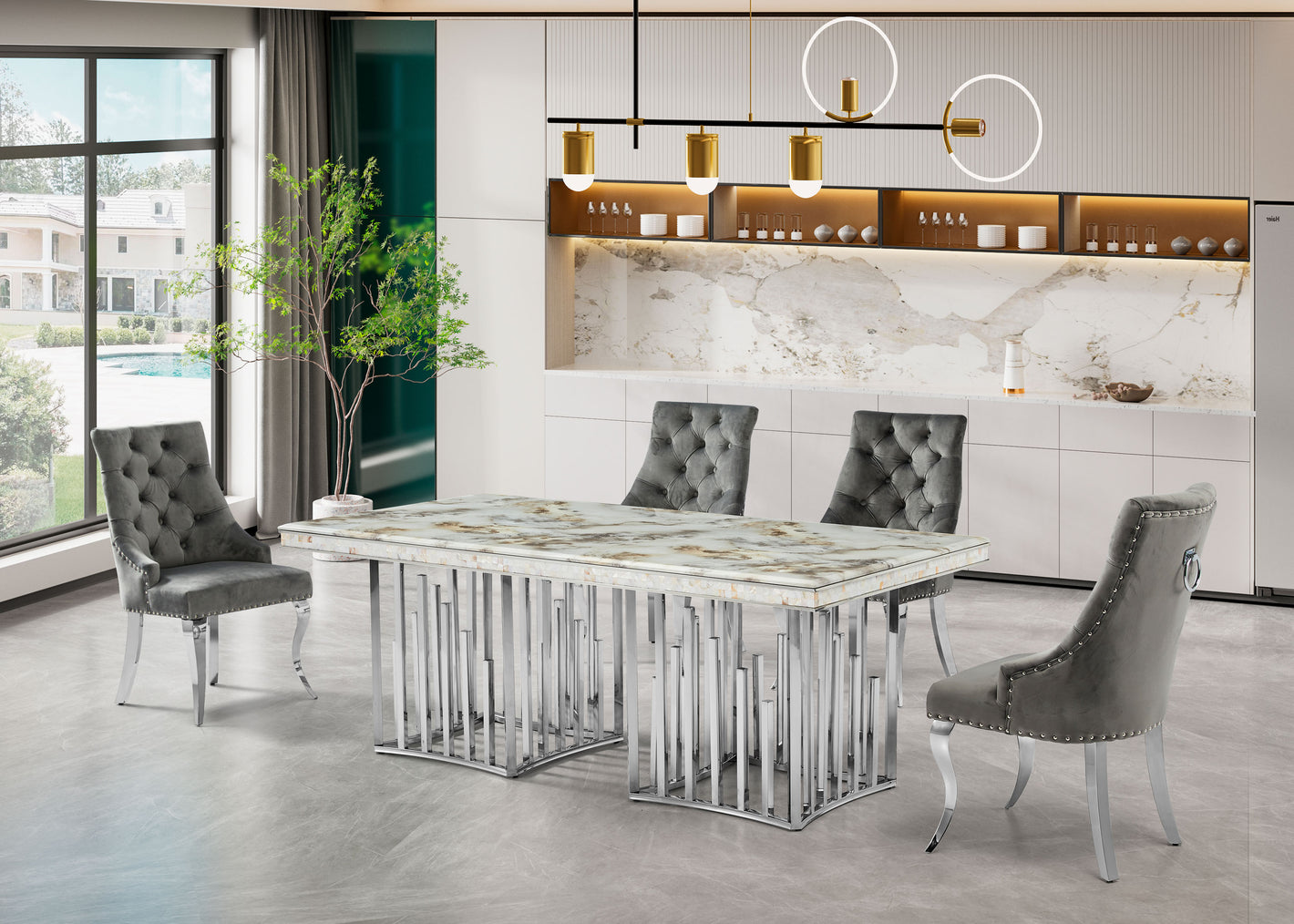 Table de salle à manger moderne argentée avec plateau en marbre