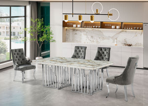 Table de salle à manger moderne argentée avec plateau en marbre