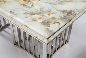Table de salle à manger moderne argentée avec plateau en marbre