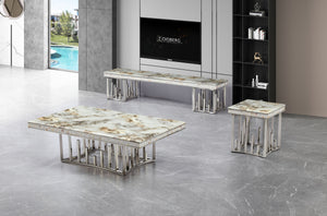 Ensemble table basse et table d'appoint moderne en marbre argenté