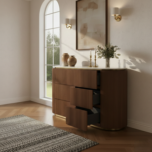 LUNE Modern Walnut Wood Gold Buffet With Sintered Stone Top