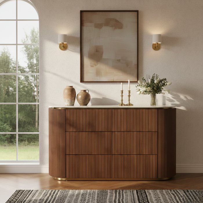 LUNE Modern Walnut Wood Gold Buffet With Sintered Stone Top