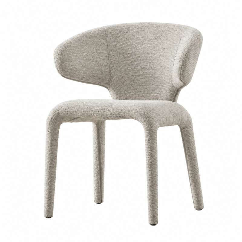 SRF LIVING KELVA ivory upholstered dining chair with sculptural curved wingback, cushioned seat and fabric-covered legs.