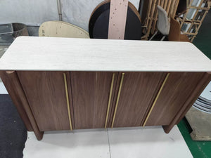 KIRA Modern Travertine Sintered Stone Buffet with Walnut Veneer & Matt Gold Accents