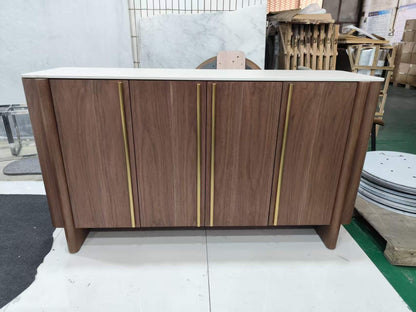 KIRA Modern Travertine Sintered Stone Buffet with Walnut Veneer & Matt Gold Accents
