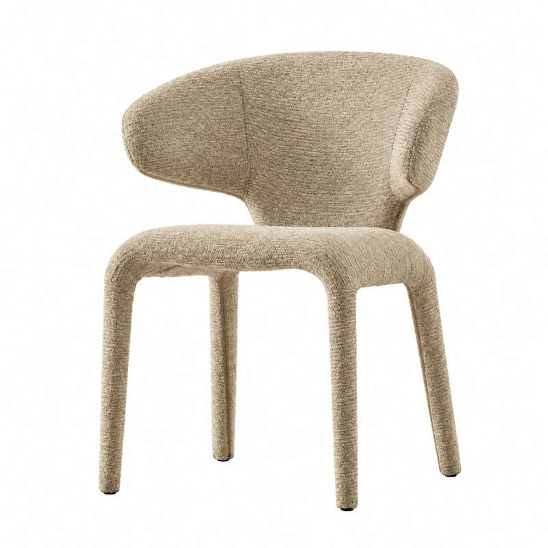 SRF LIVING KELVA ivory upholstered dining chair with sculptural curved wingback, cushioned seat and fabric-covered legs.