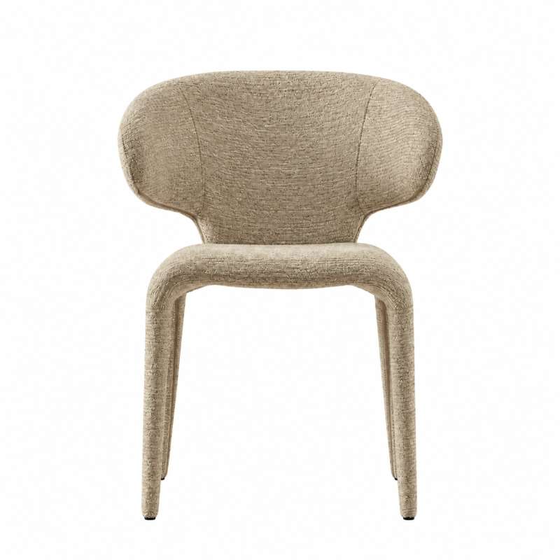 SRF LIVING KELVA ivory upholstered dining chair with sculptural curved wingback, cushioned seat and fabric-covered legs.