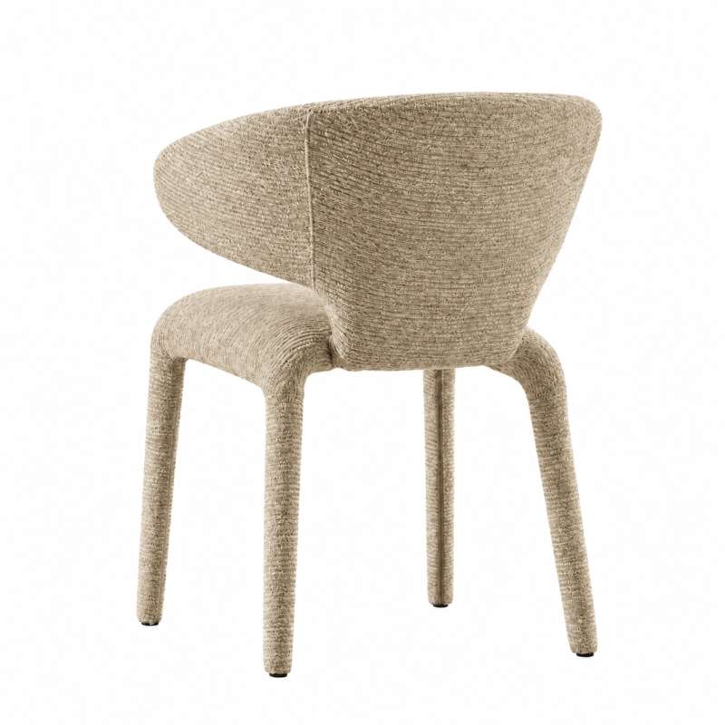 SRF LIVING KELVA ivory upholstered dining chair with sculptural curved wingback, cushioned seat and fabric-covered legs.