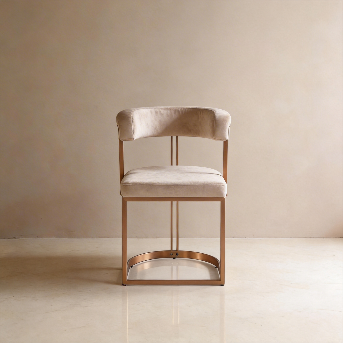 Minimalist Beige Velvet Dining Chair with Matt Rose Gold Metal Frame