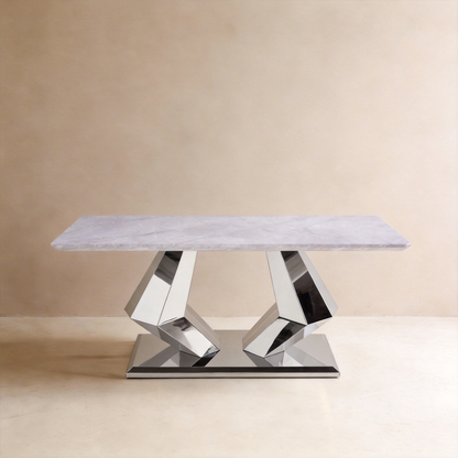 Arden Diamond-Inspired Coffee Table with White Marble Top & Polished Silver Stainless Steel Base