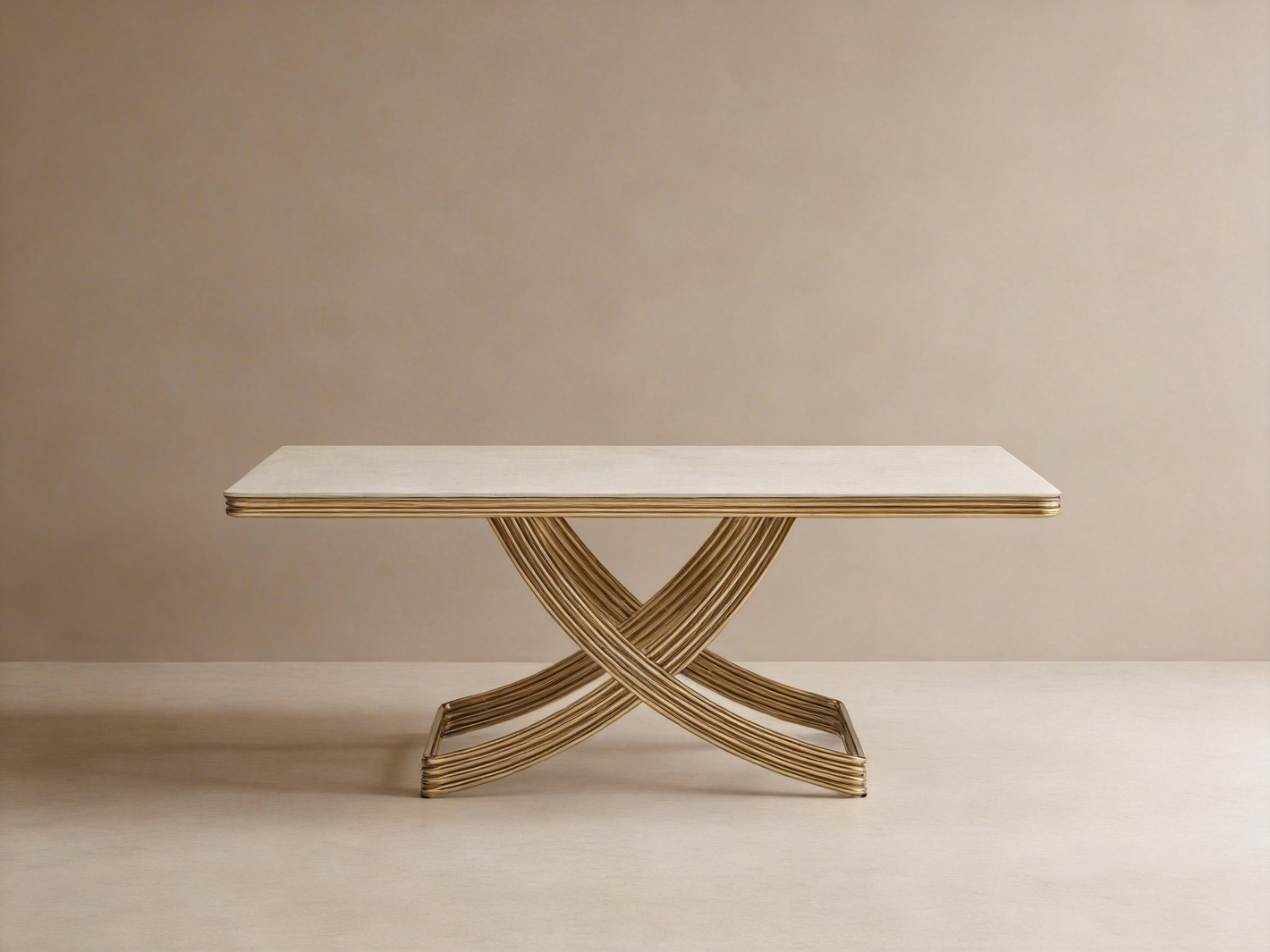 Luxury Gold Base Dining Table With Travertine Sintered Stone Top