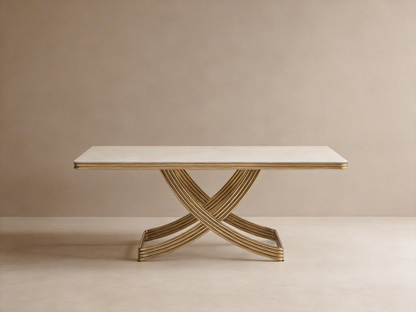 Luxury Gold Base Dining Table With Travertine Sintered Stone Top