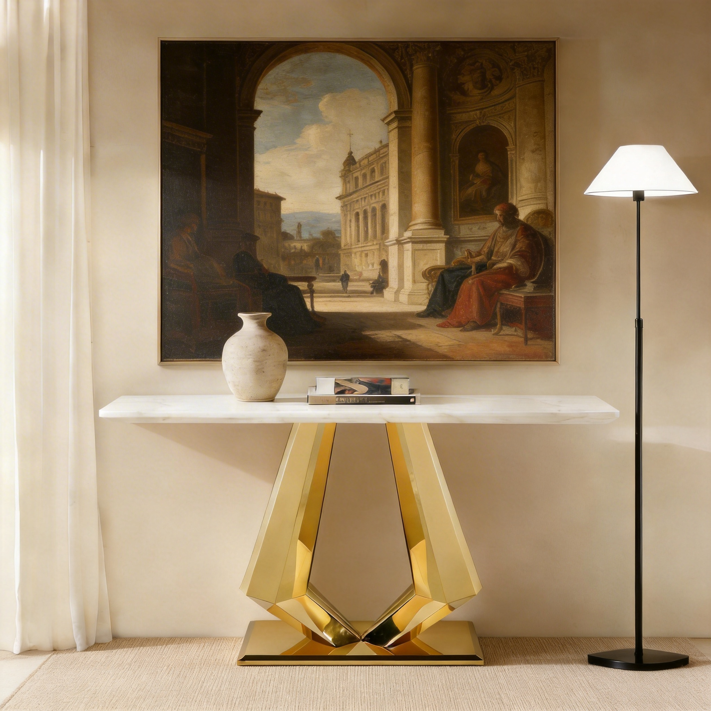 Arden Diamond-Inspired Console Table with White Marble Top & Polished Gold Stainless Steel Base