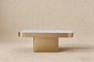 Modern White Sintered Stone Coffee Table with Matt Rose Gold Stainless Steel Frame – Floating Top Design