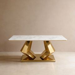 Arden Diamond-Inspired Coffee Table with White Marble Top & Polished Gold Stainless Steel Base