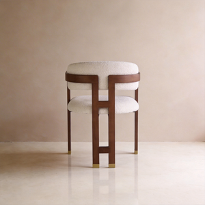 AIKO cream fleece dining chair with geometric walnut wooden back frame and gold foot caps – rear view