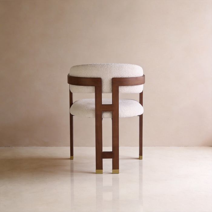 AIKO cream fleece dining chair with geometric walnut wooden back frame and gold foot caps – rear view