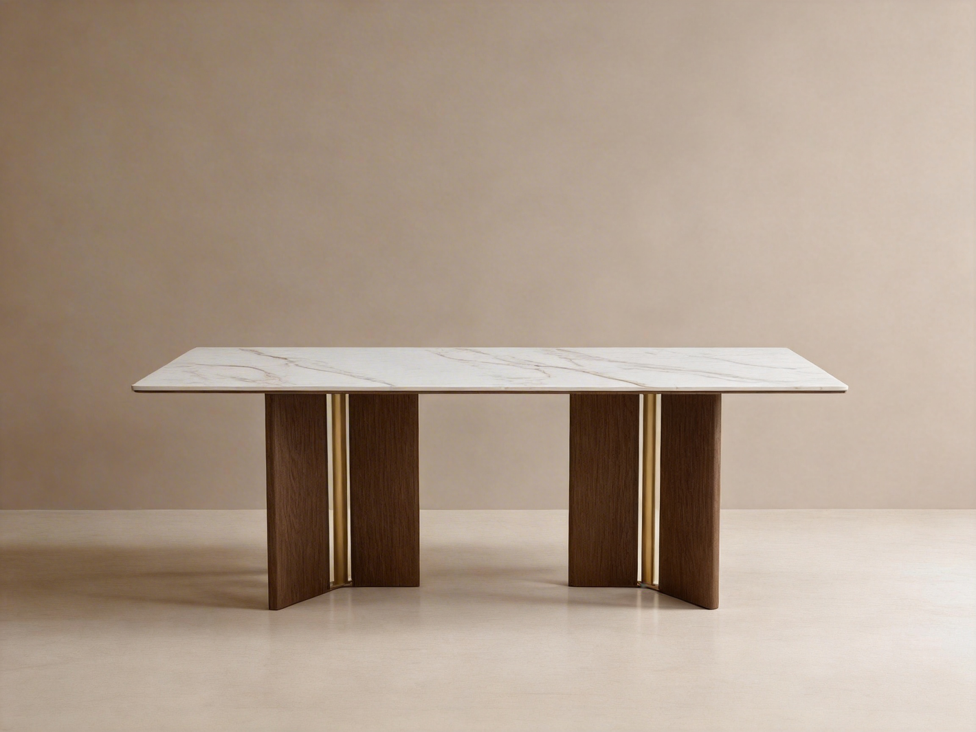 KIRA Modern Sintered Stone Dining Table with Walnut & Matt Gold Accents