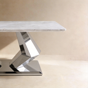 Arden Diamond-Inspired Coffee Table with White Marble Top & Polished Silver Stainless Steel Base