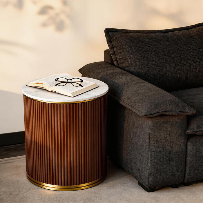 LUNE Walnut Wood End Table With Sintered Stone