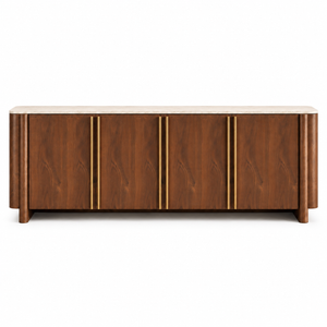 KIRA Modern Travertine Sintered Stone Buffet with Walnut Veneer & Matt Gold Accents