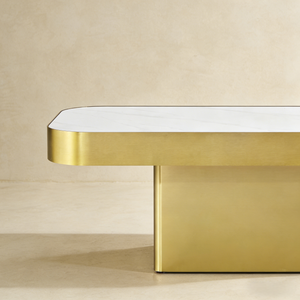 Modern White Sintered Stone Coffee Table with Gold Stainless Steel Base