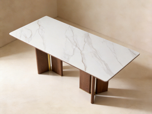 TORIN Modern Sintered Stone Dining Table with Walnut & Matt Gold Accents