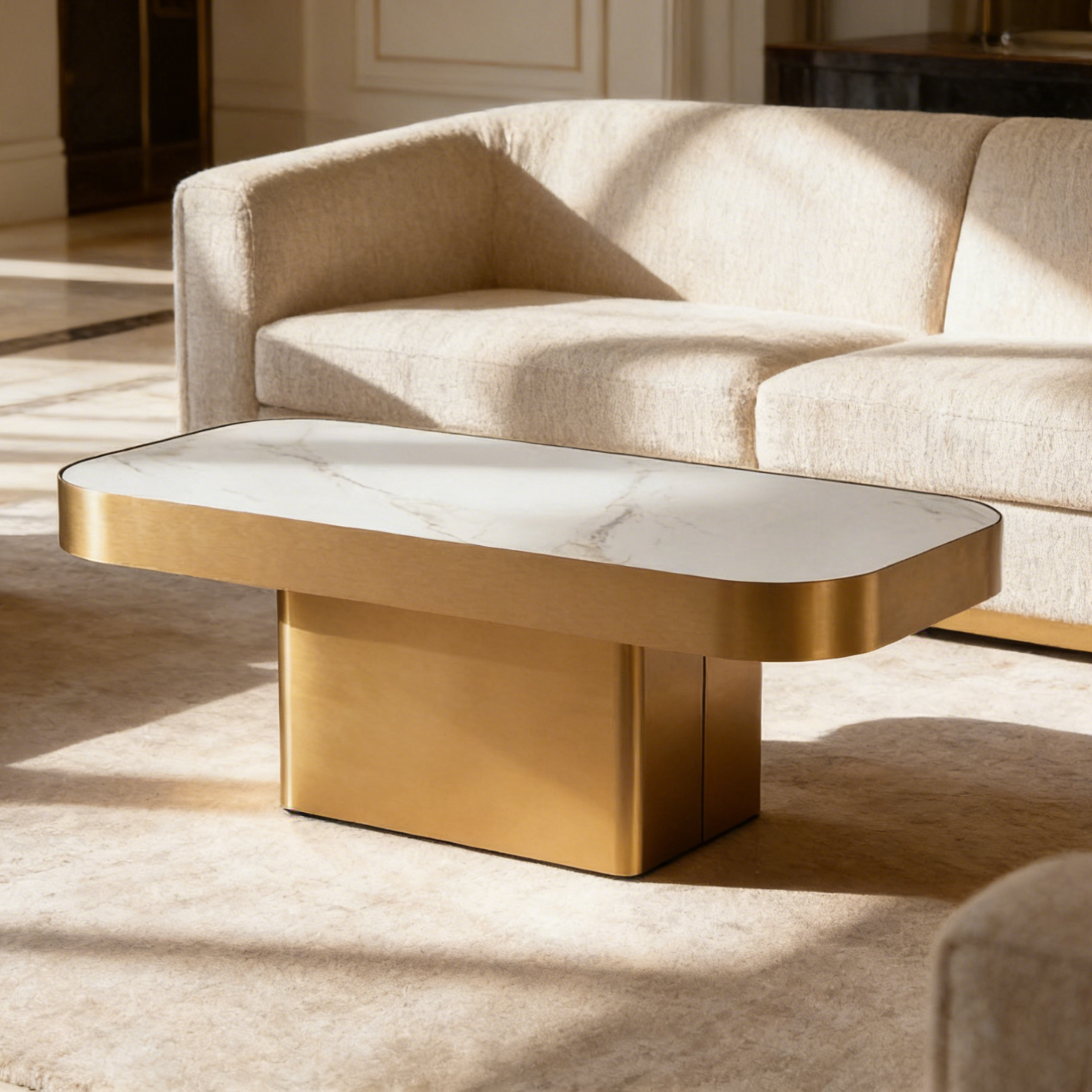 Modern White Sintered Stone Coffee Table with Matt Rose Gold Stainless Steel Frame – Floating Top Design