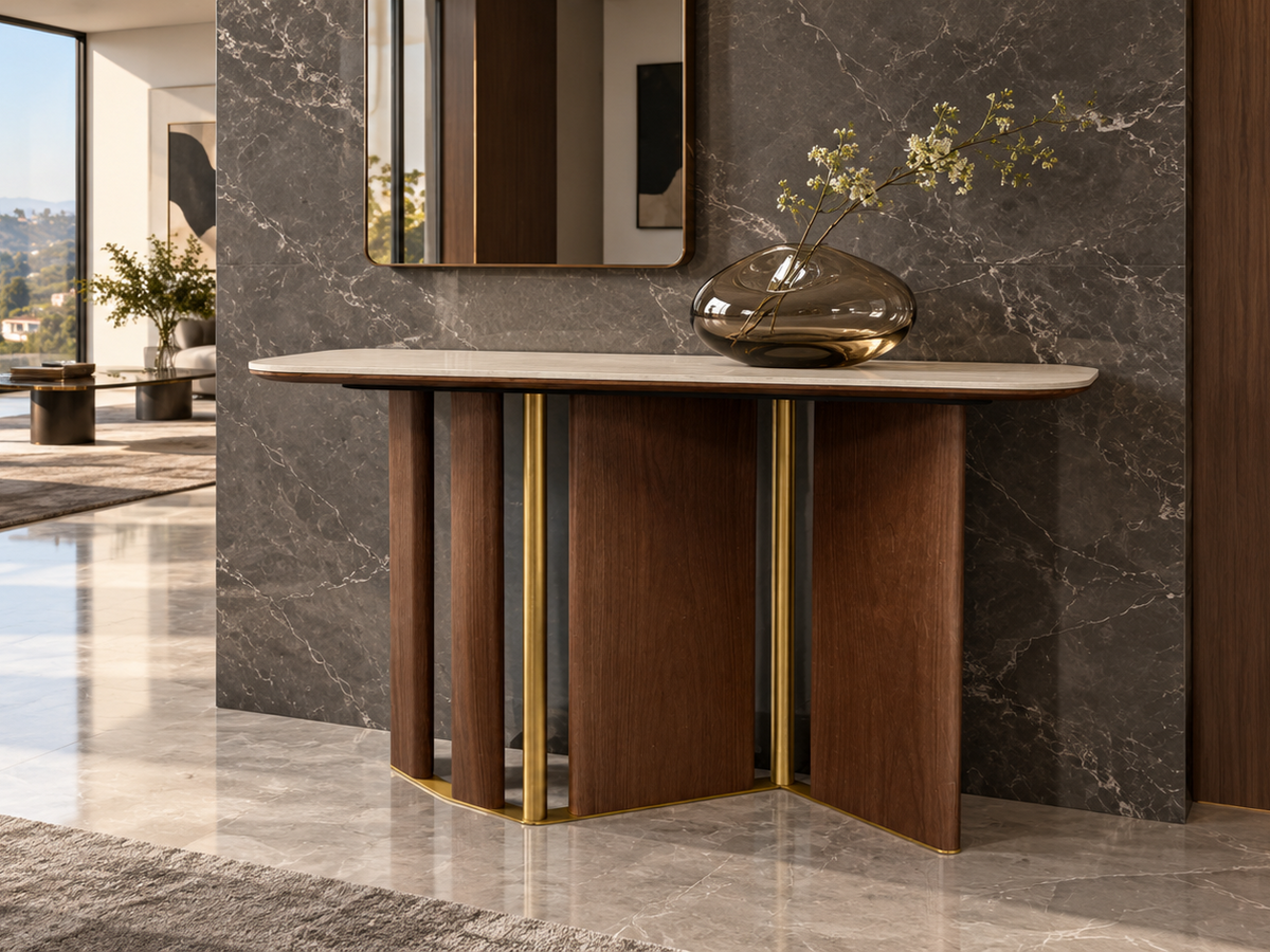 KIRA Luxury Travertine Sintered Stone Gold Walnut Veneer Console Table