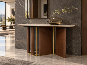 KIRA Luxury Travertine Sintered Stone Gold Walnut Veneer Console Table