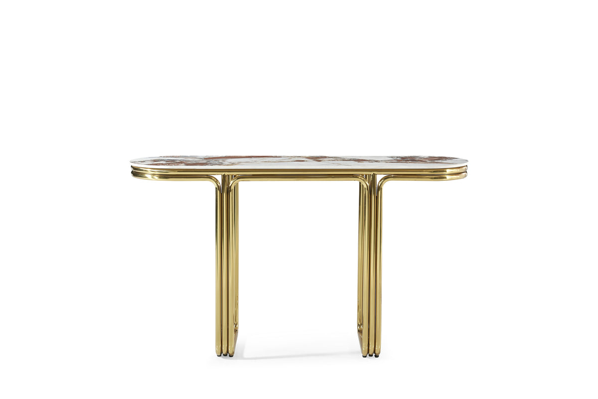 CIEL luxury console table with white marble top and polished gold metal frame – front view