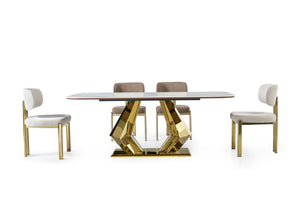 ARDEN luxury white marble dining table with geometric polished gold metal base – front view