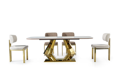ARDEN luxury white marble dining table with geometric polished gold metal base – front view