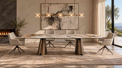 Modern Luxury Sintered Stone Dining Table with Cross Brushed Copper Finish