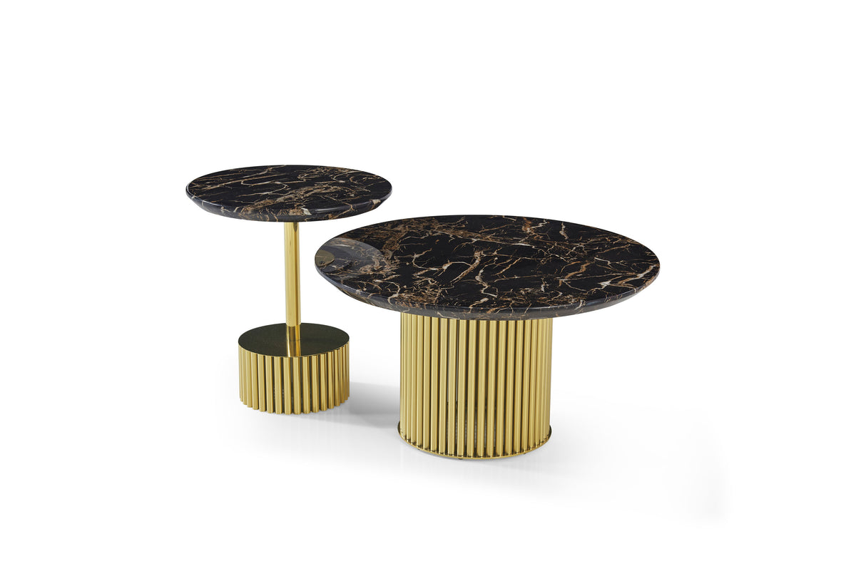 AVAL luxury round coffee table set with black marble tops and fluted gold metal bases