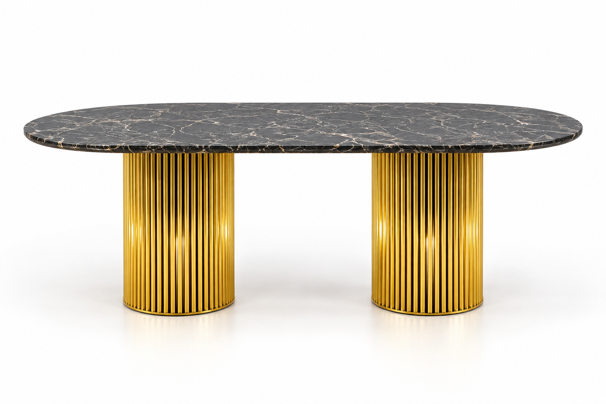 Mesa de jantar premium ALVA de mármore Black Sand com acabamento dourado