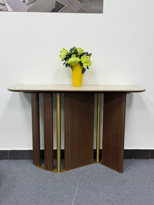 KIRA Luxury Travertine Sintered Stone Gold Walnut Veneer Console Table