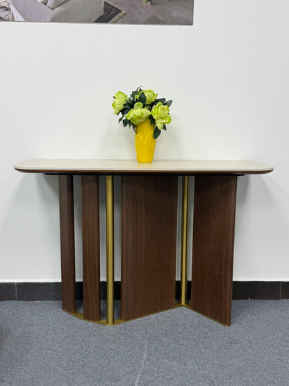 KIRA Luxury Travertine Sintered Stone Gold Walnut Veneer Console Table
