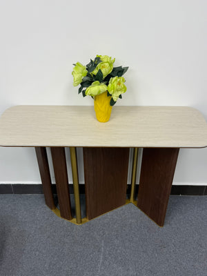 KIRA Luxury Travertine Sintered Stone Gold Walnut Veneer Console Table