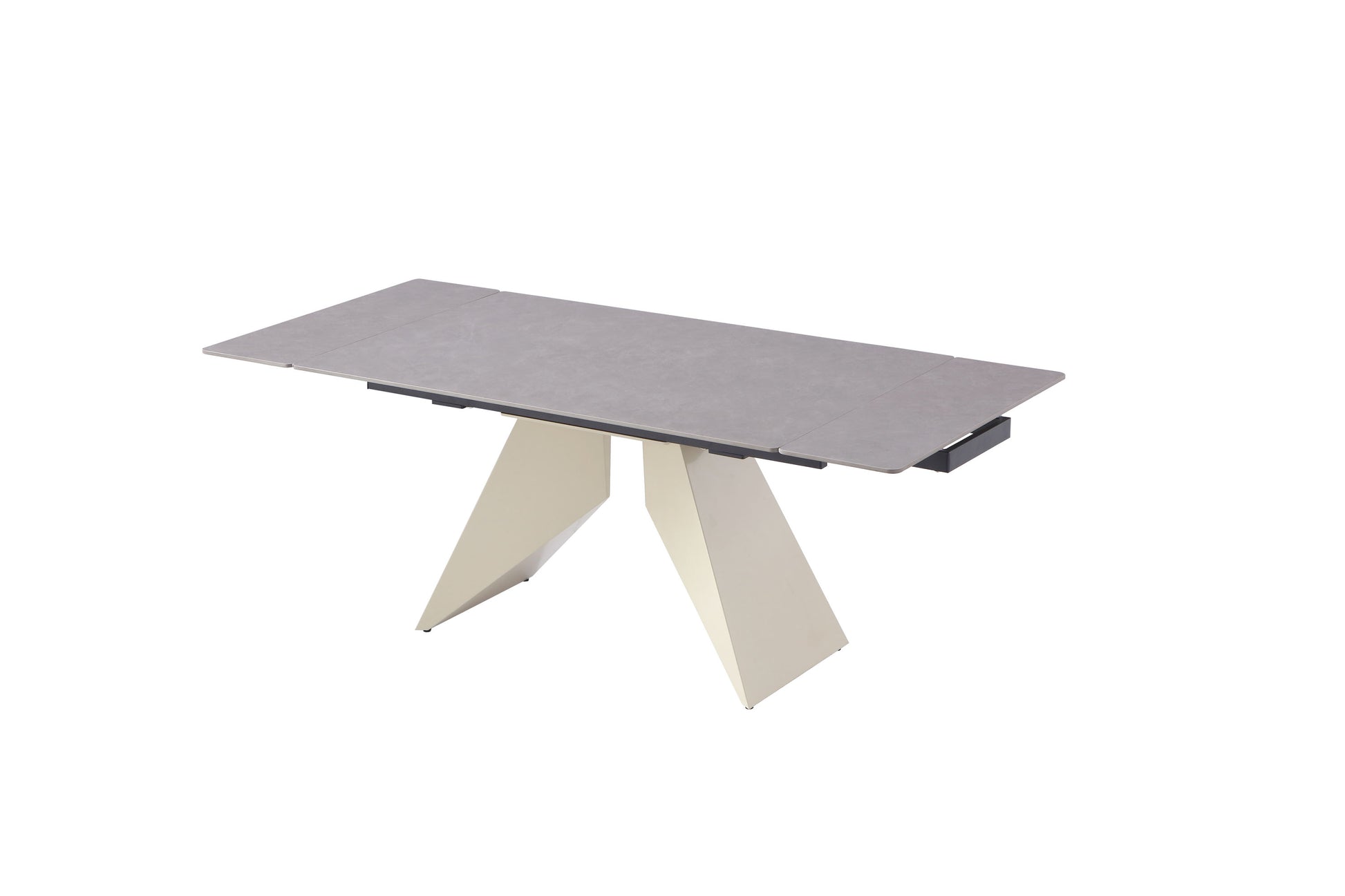 Modern beige extension table with light Vic grey sintered stone top – three-quarter product view